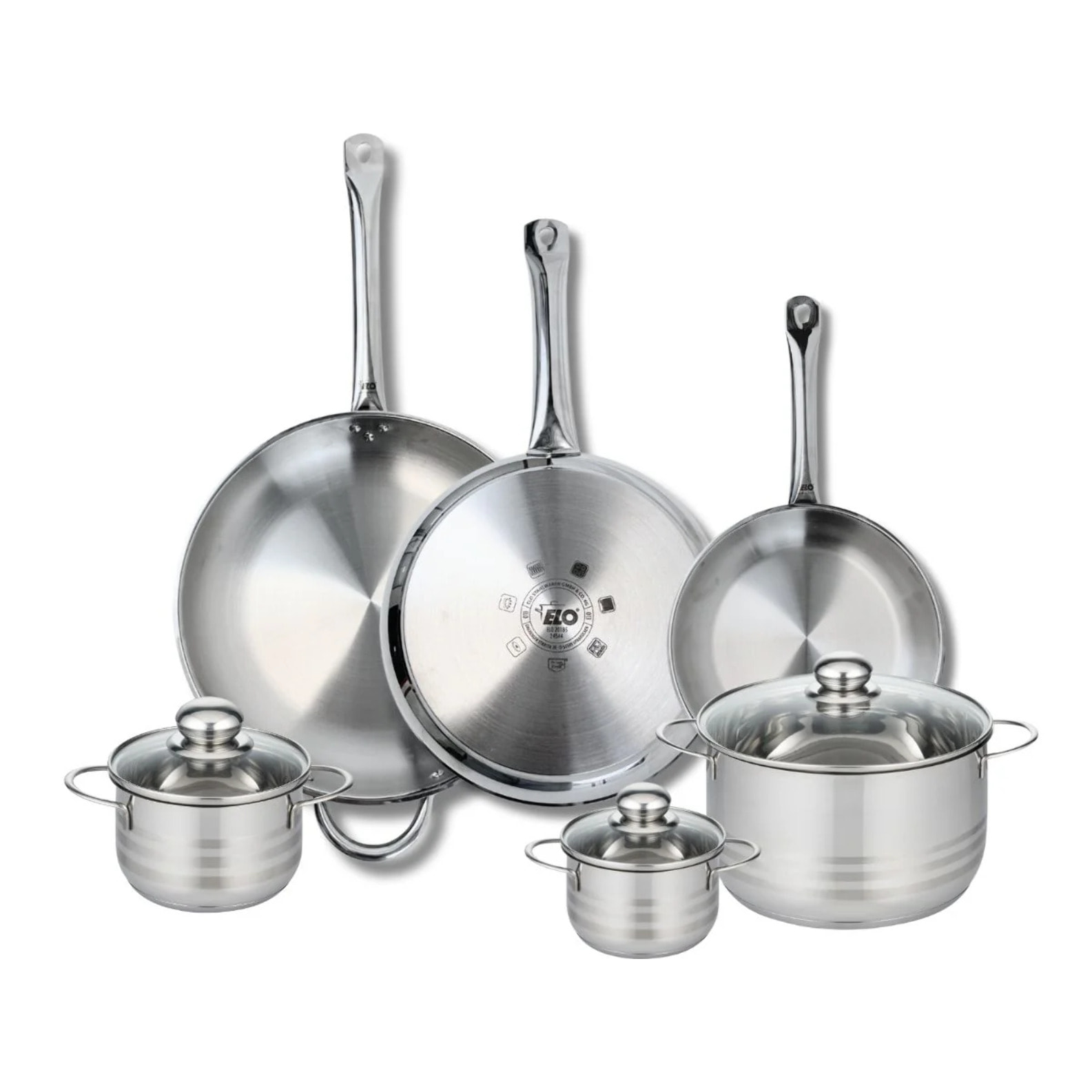 Ensemble de 3 Poêles de cuisson 24, 28 et 32 cm et 3 faitouts 12, 14 et 20 cm Elo Profi Brillant