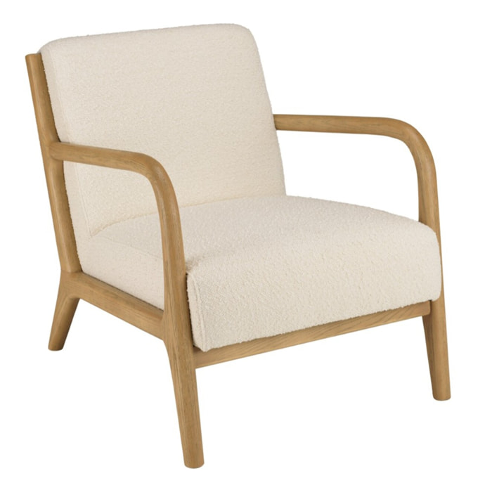PIERRE - Fauteuil bas tissu bouclette écru structure et accoudoirs bois