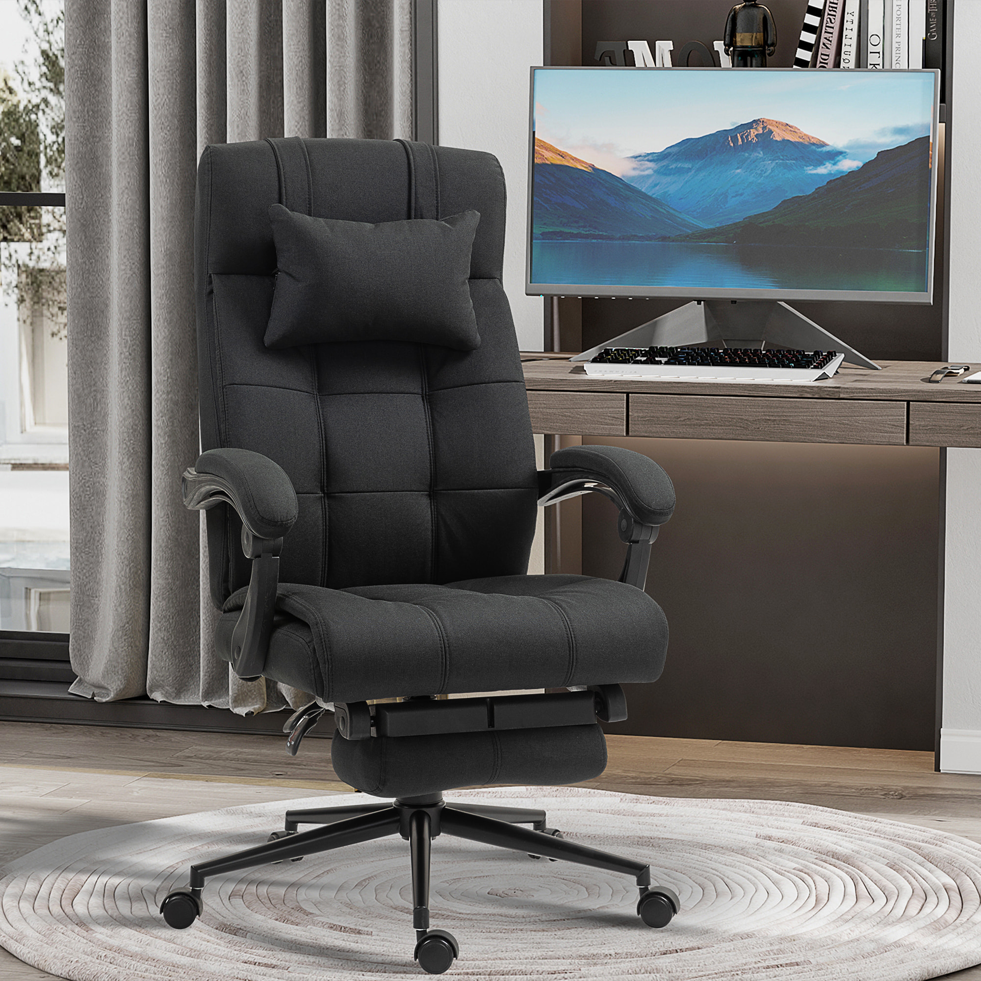 Silla de Oficina Reclinable Silla de Escritorio Giratoria Tapizado en Lino Sintético Altura Ajustable Reposapiés Reposacabezas y Reposabrazos Carga 150 kg para Estudio 66x76x112-120 cm Negro