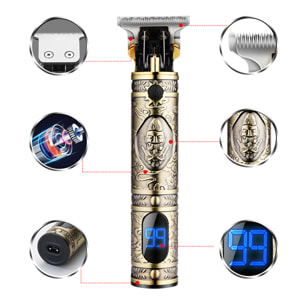 Regolabarba e capelli LM-300. Design vintage interamente in metallo. Con pettini da 1 a 3 mm e set di accessori. Batteria ricaricabile.