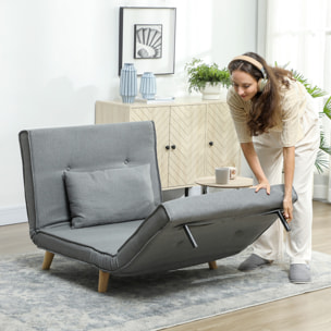 Sofá Cama de 1 Plaza 3 en 1, Sillón Cama Plegable Tapizado en Lino Sintético, con Respaldo Ajustable en 6 Niveles, Almohada, Asiento Ancho, Patas de Madera, 90x78x79 cm, Gris