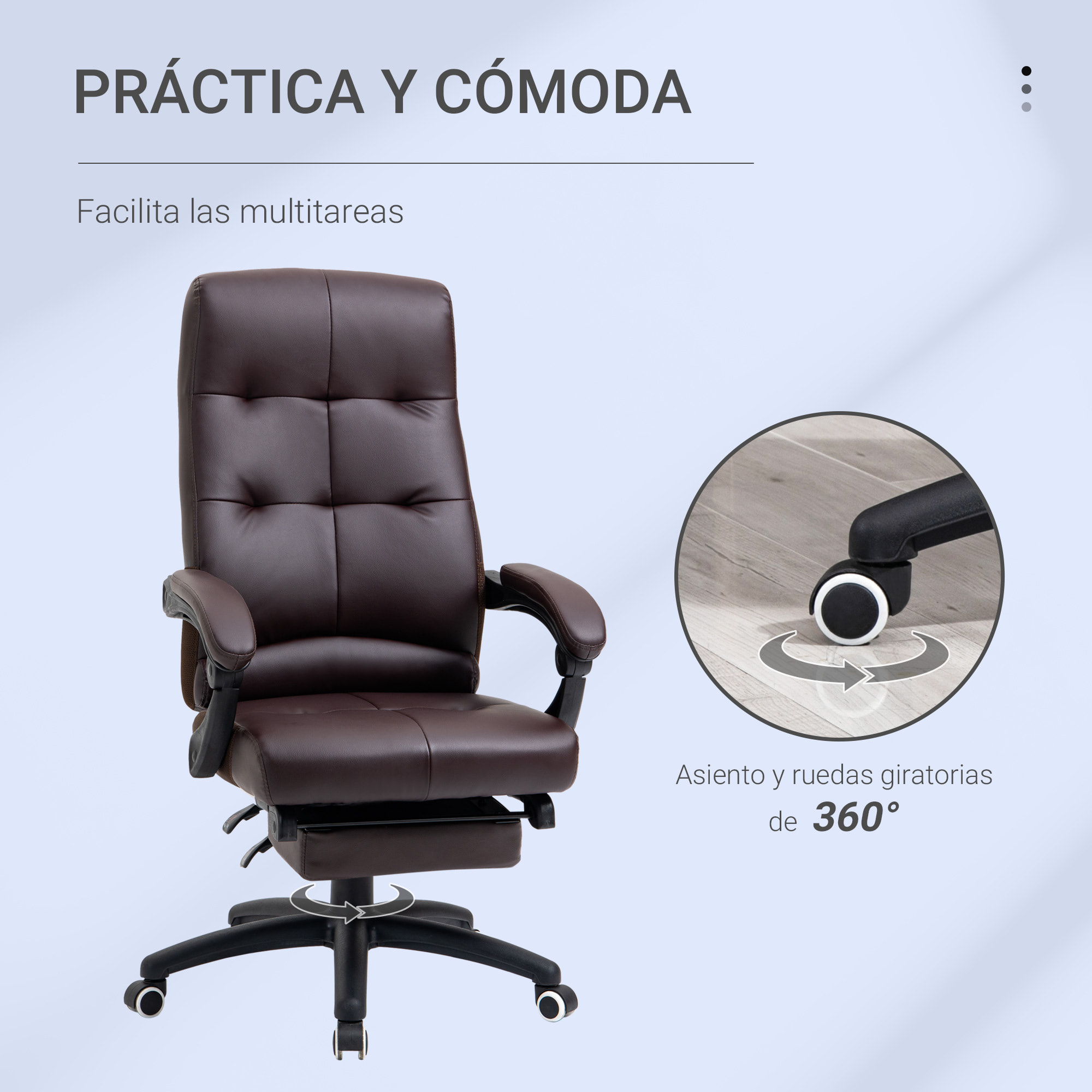 Vinsetto Silla de Oficina Ergonómica Silla de Escritorio Giratoria con Altura Ajustable Función de Inclinación Reposabrazos y Reposapiés Piel Sintética 65x65x118-125 cm Marrón