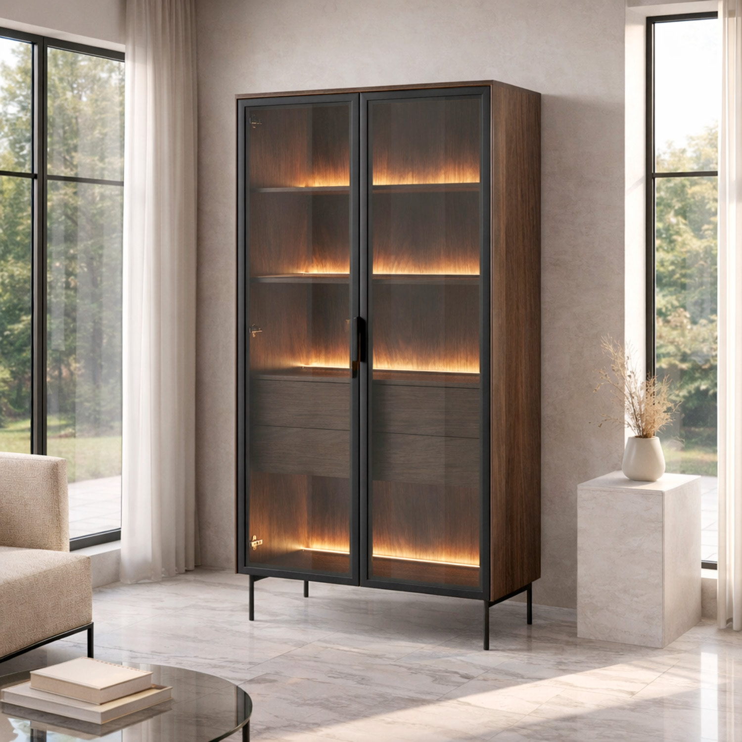 Vetrina Con 2 Ante In Vetro 3 Ripiani e 2 Cassetti Interni Design Moderno con Led Integrato 88.2 x 38 x 193.8 cm Rovere Scuro