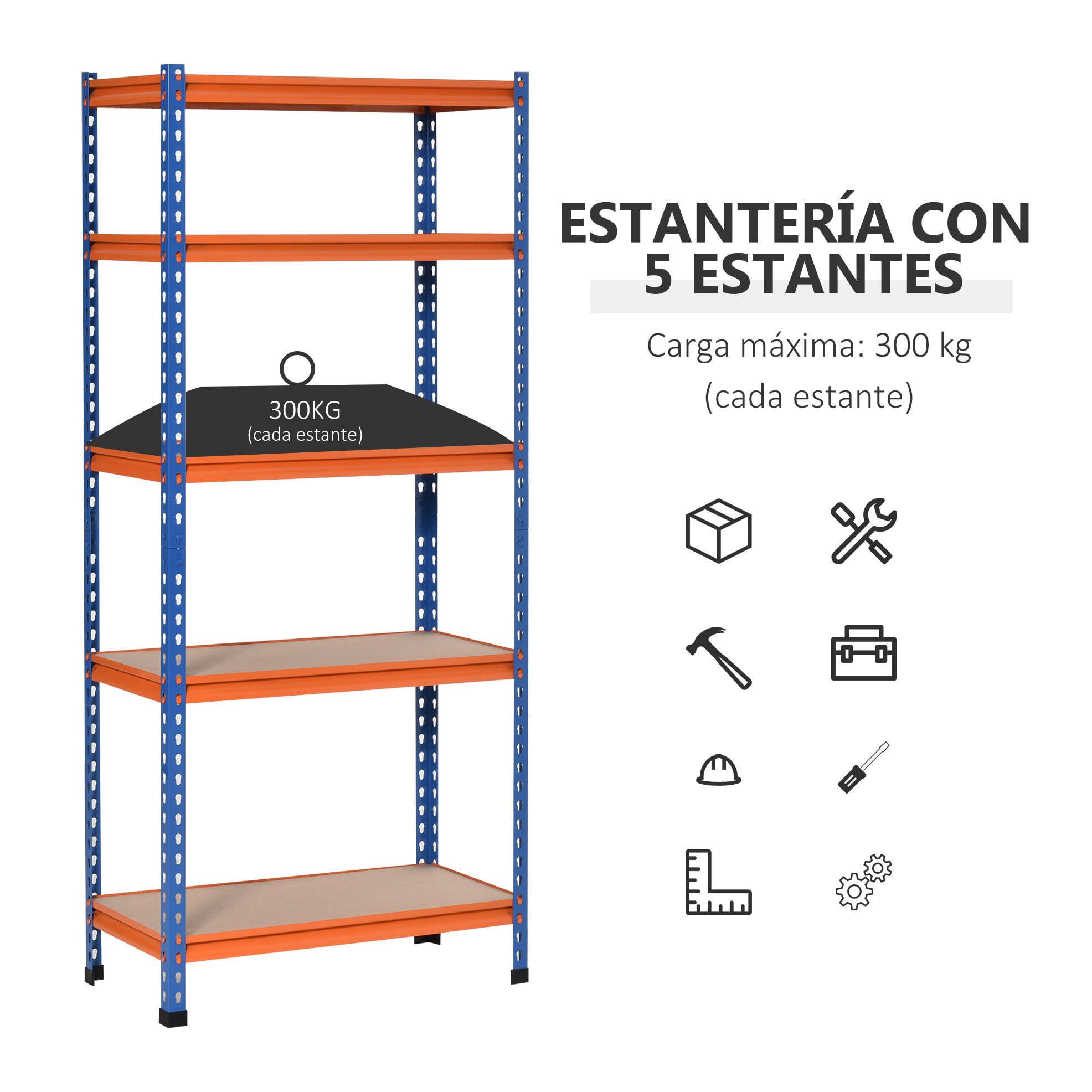 HOMCOM Estantería Metálica de Almacenaje 80x40x182 cm con 5 Niveles Ajustables en Altura Carga Máxima por Estante 300 kg para Almacén Garaje Taller Azul y Naranja