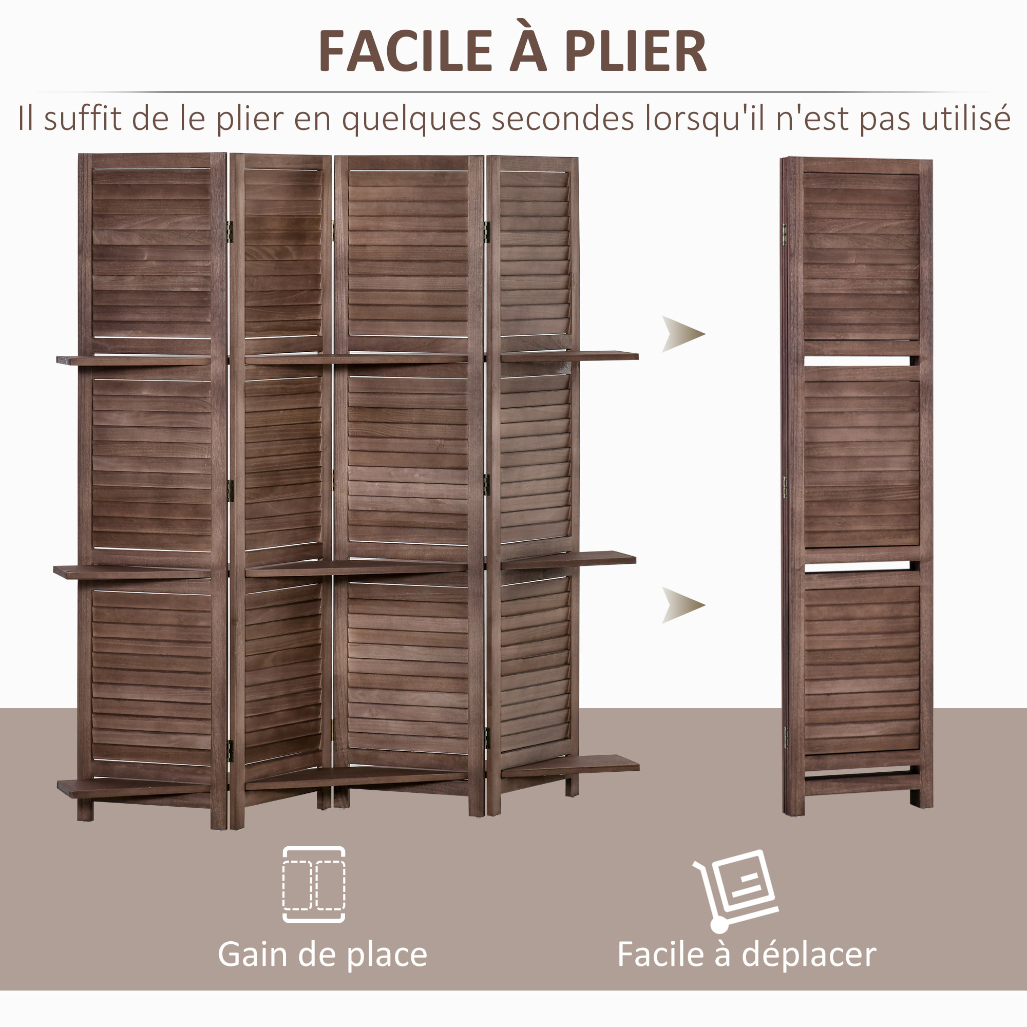 Paravent intérieur 4 panneaux 3 étagères pliables séparateur de pièce portes persiennes bois de paulownia aspect acajou foncé