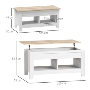 Mesa de Centro Elevable Mesa de Café con Encimera Elevable 2 Compartimentos Abiertos y Espacio Oculto de Almacenaje 105x50x49 cm Blanco y Natural