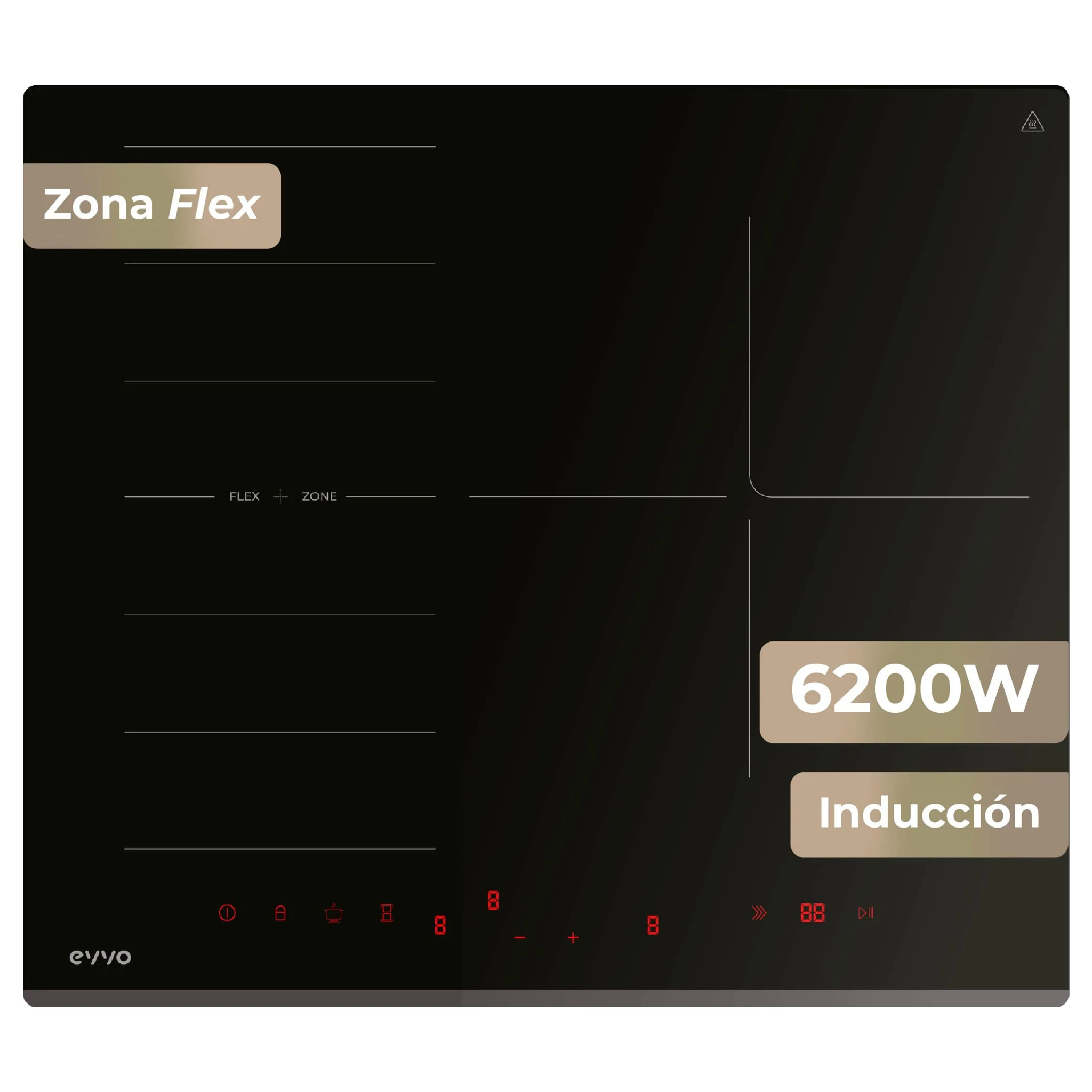 Placa de Inducción EVVO V62, 4 zonas (incluye zona flexible), 7200W, Booster, control táctil, cristal negro