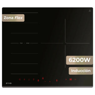 Placa de Inducción EVVO V62, 4 zonas (incluye zona flexible), 7200W, Booster, control táctil, cristal negro
