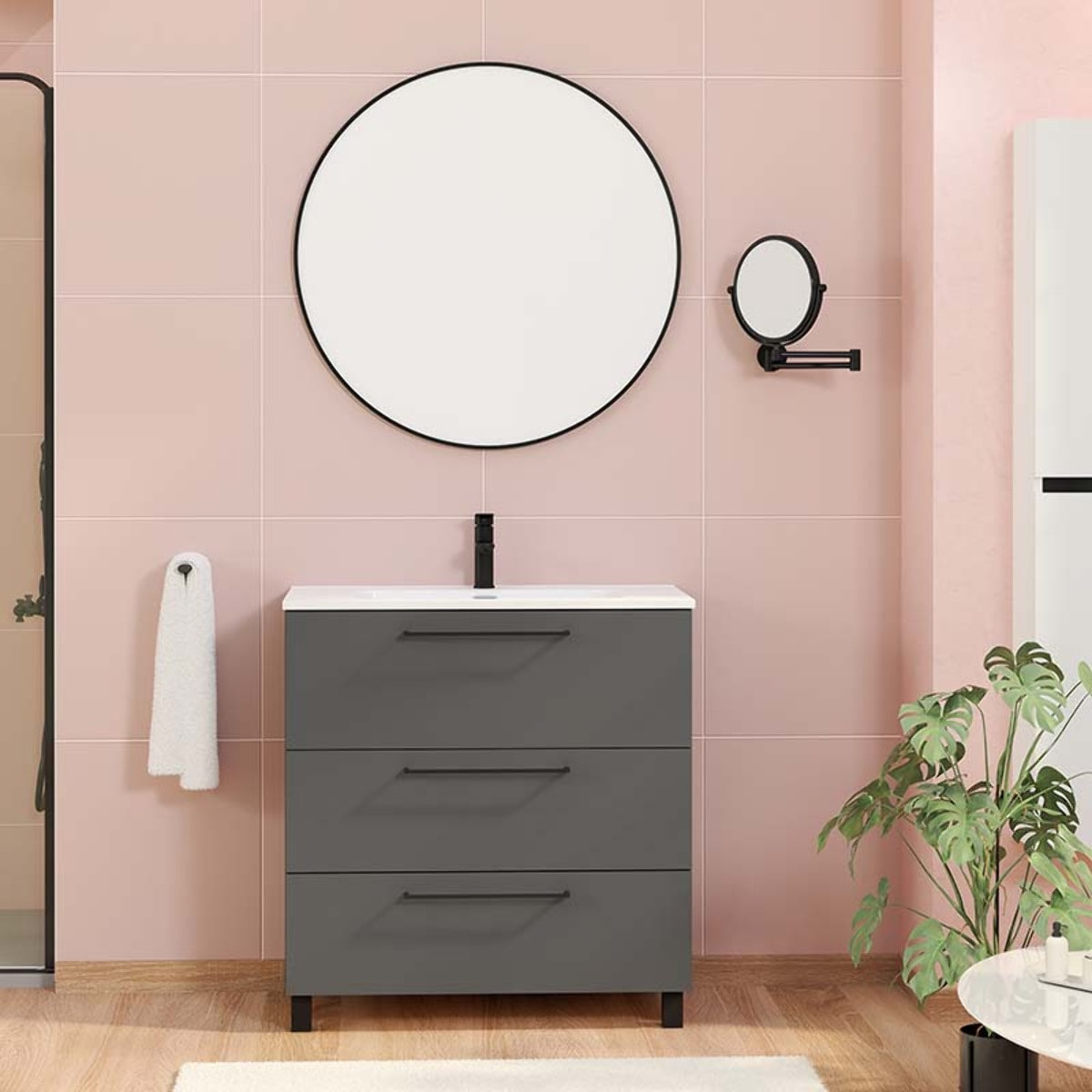 Conjunto de baño Haru | Mueble de baño con patas | 80 cm Gris Mate| Tres cajones | Lavabo encastrado | No incluye espejo | Alday