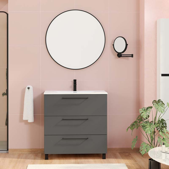 Conjunto de baño Haru | Mueble de baño con patas | 80 cm Gris Mate| Tres cajones | Lavabo encastrado | No incluye espejo | Alday