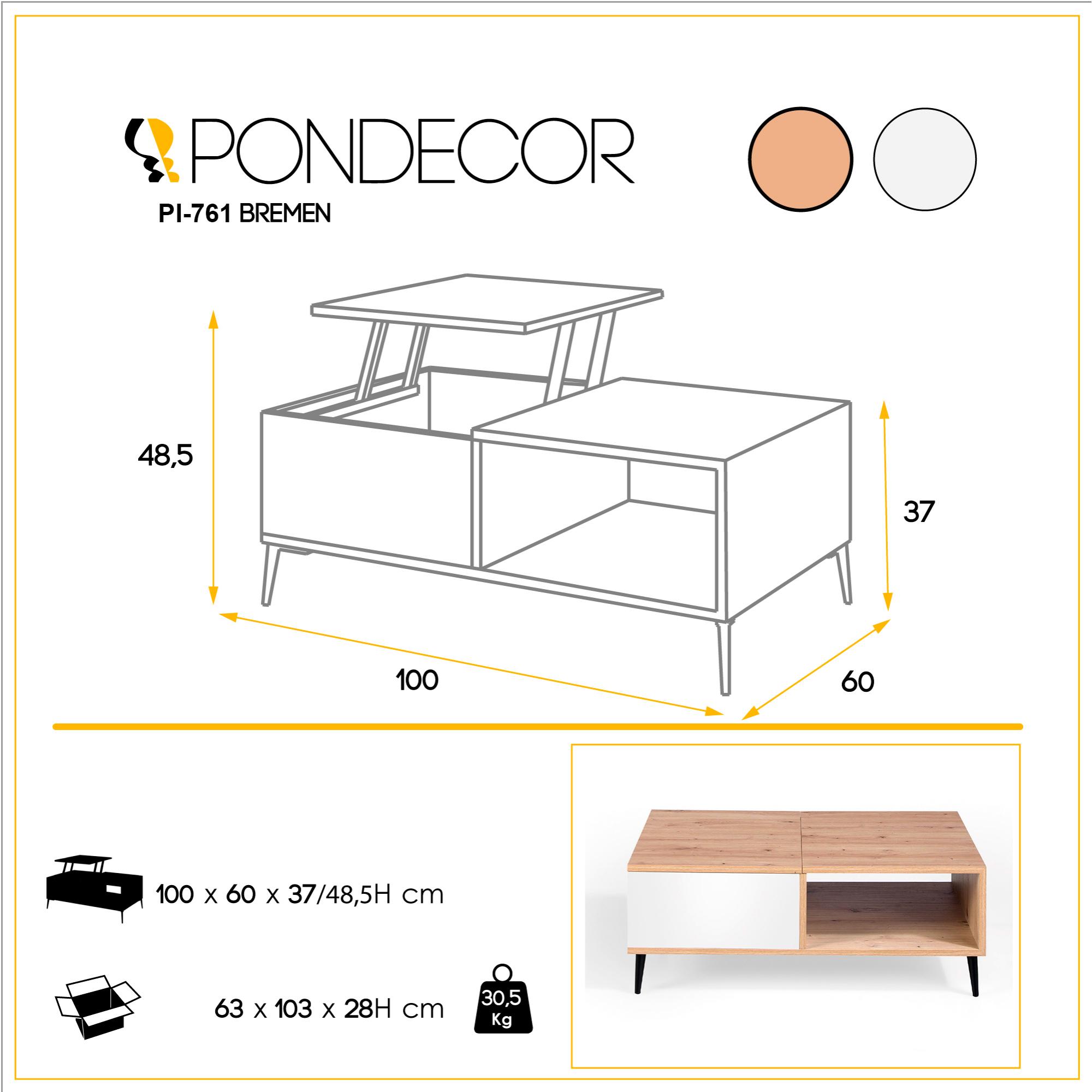 Mesa de centro elevable BREMEN - roble y blanco polar - 100x60x37cm