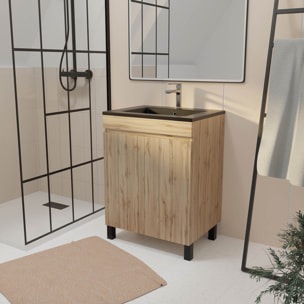 Pack Meuble Salle de Bains 60cm Chêne Naturel 2 Portes avec Vasque Céramique Noire - TIMBER