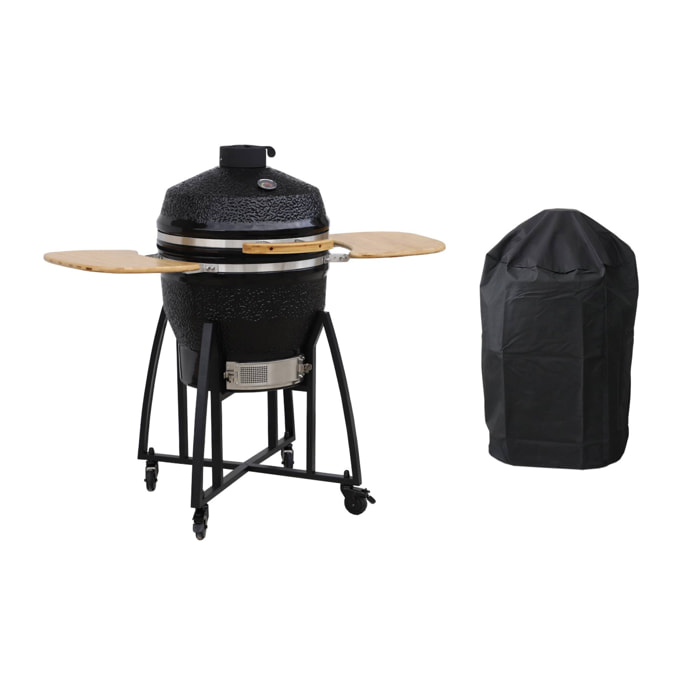 Barbecue charbon de bois, grill et fumoir, céramique Ø57cm avec roues, tablettes et housse KAMADO