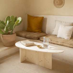 Table basse en bois massif ton naturel de 129cm Hauteur: 43.25 Longueur: 128.6 Largeur: 54.6