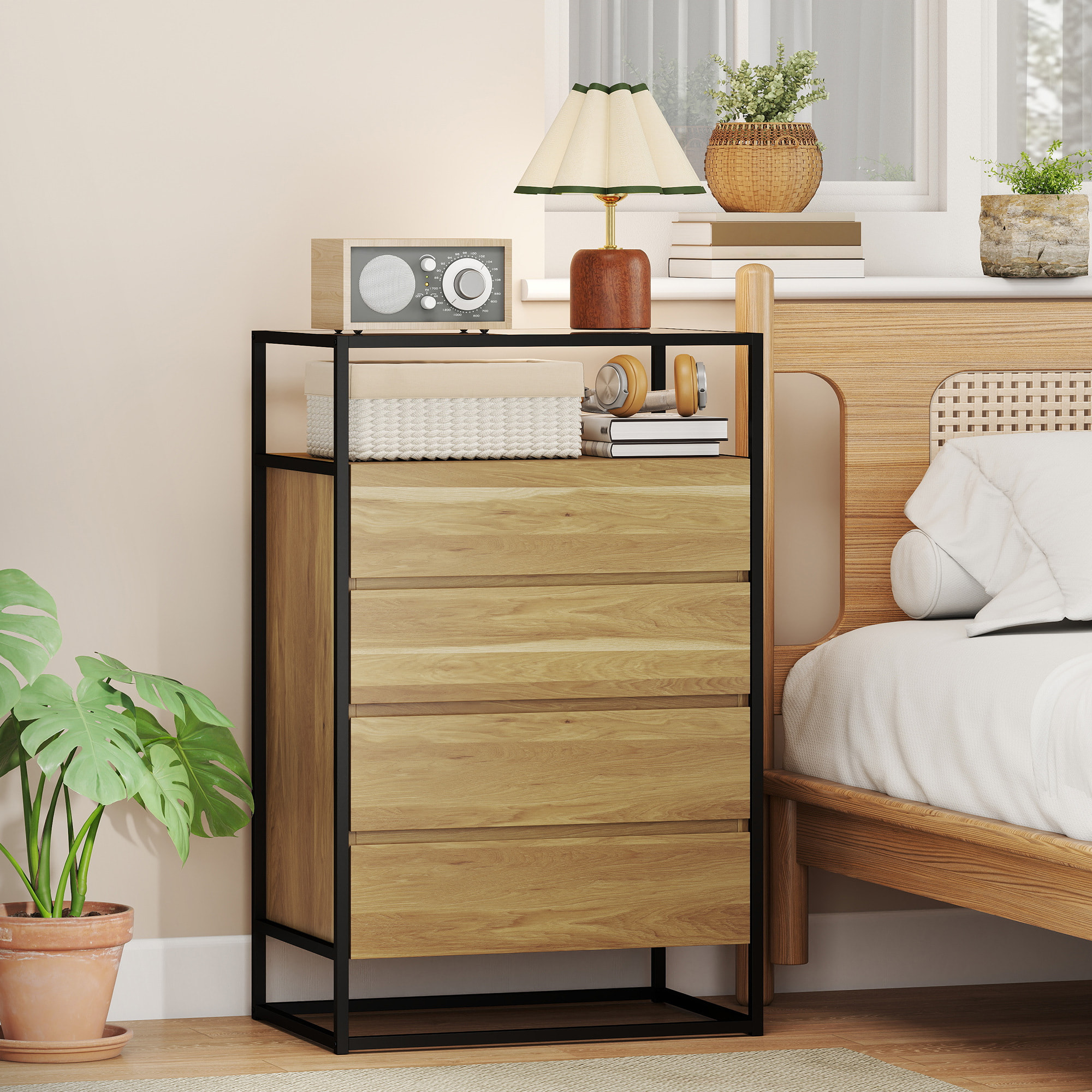 Cómoda 4 Cajones, Cómoda Dormitorio con Superficie de Vidrio Templado, Estante Abierto, Estructura de Acero, Cajonera para Salón, Oficina, 60x40x94,5 cm, Teca