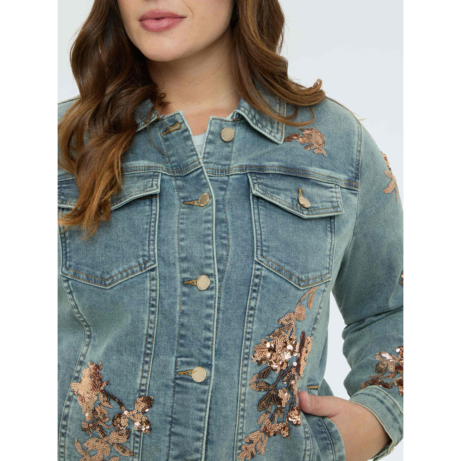 Fiorella Rubino - Chaqueta de denim con bordados florales de lentejuelas - Light - blue
