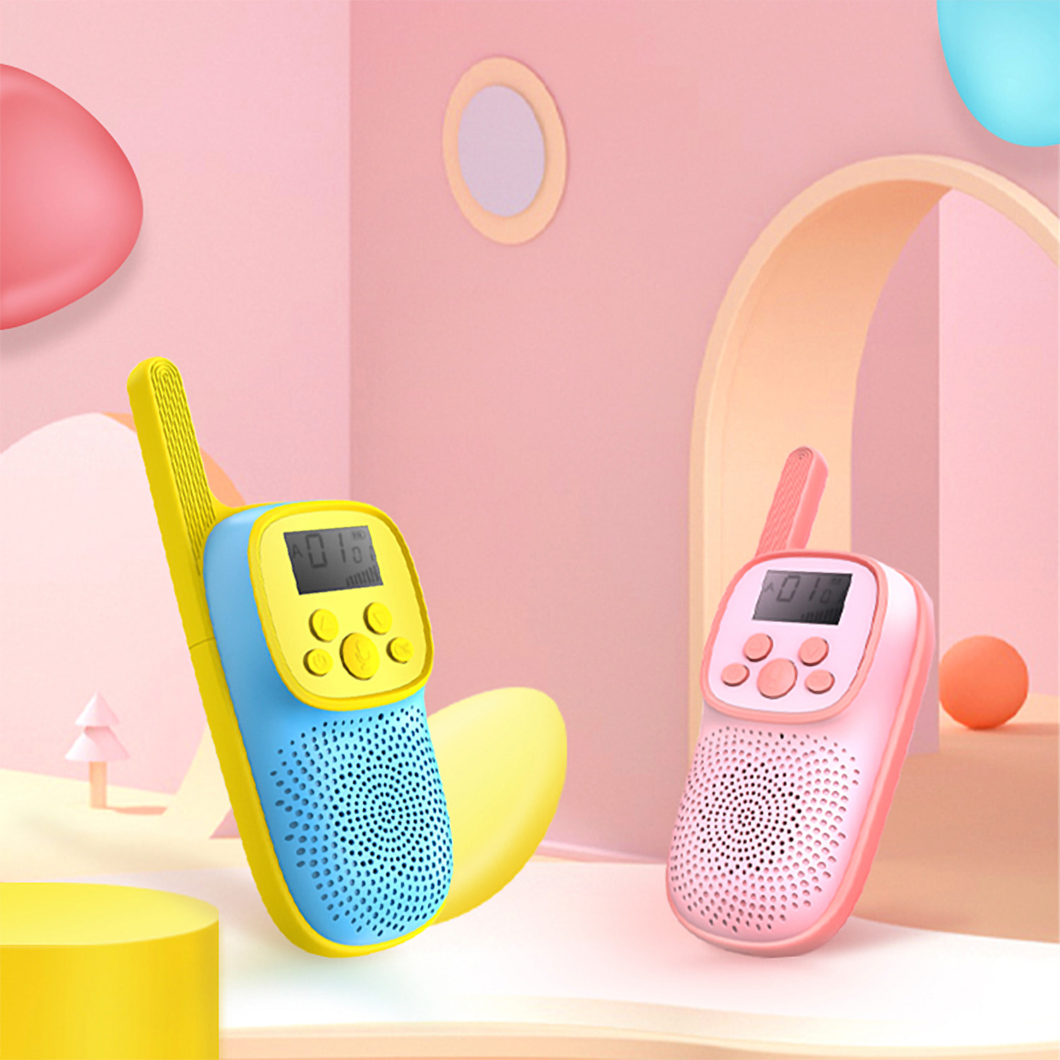 DAM Walkie Talkies infantiles D21, 1-3 km, pantalla de 1,5 LCD, 99 códigos de grupo encriptados, luz LED. 2 unidades. Batería recargable. 5,5x3,5x13,5 Cm. Color: Rosa