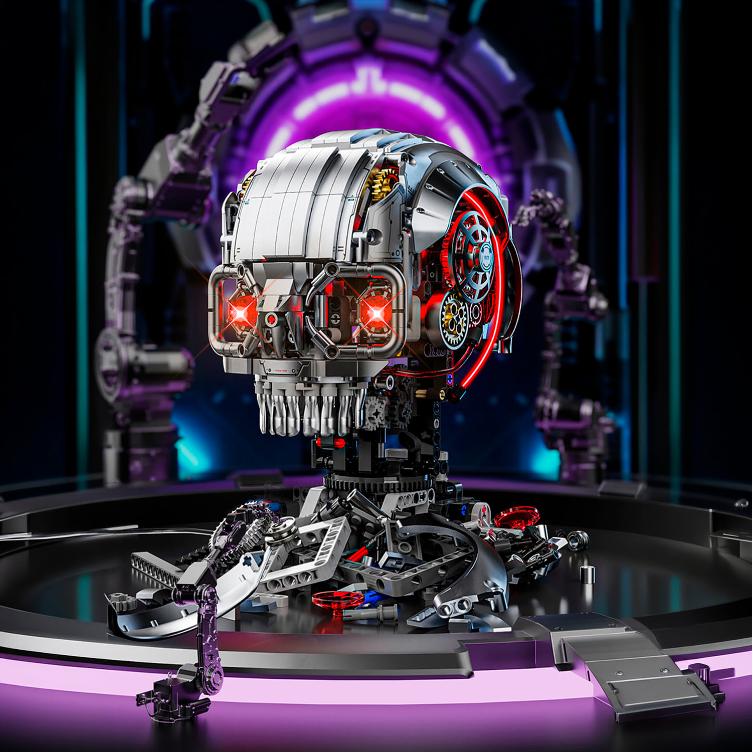 Maqueta 3D mecanizada de calabera con 1099 piezas, equipada con luces y mecanismo de manivela que permite movimiento dinámico.