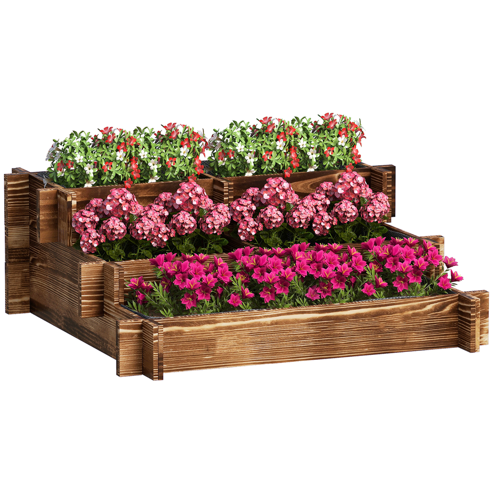 Jardinera de Madera Arriate de Jardín de 3 Niveles con Diseño de Escalera y Tela no Tejida Huerto Urbano para Cultivos Plantas Flores para Terraza Jardín 93x93x35 cm Carbonizado