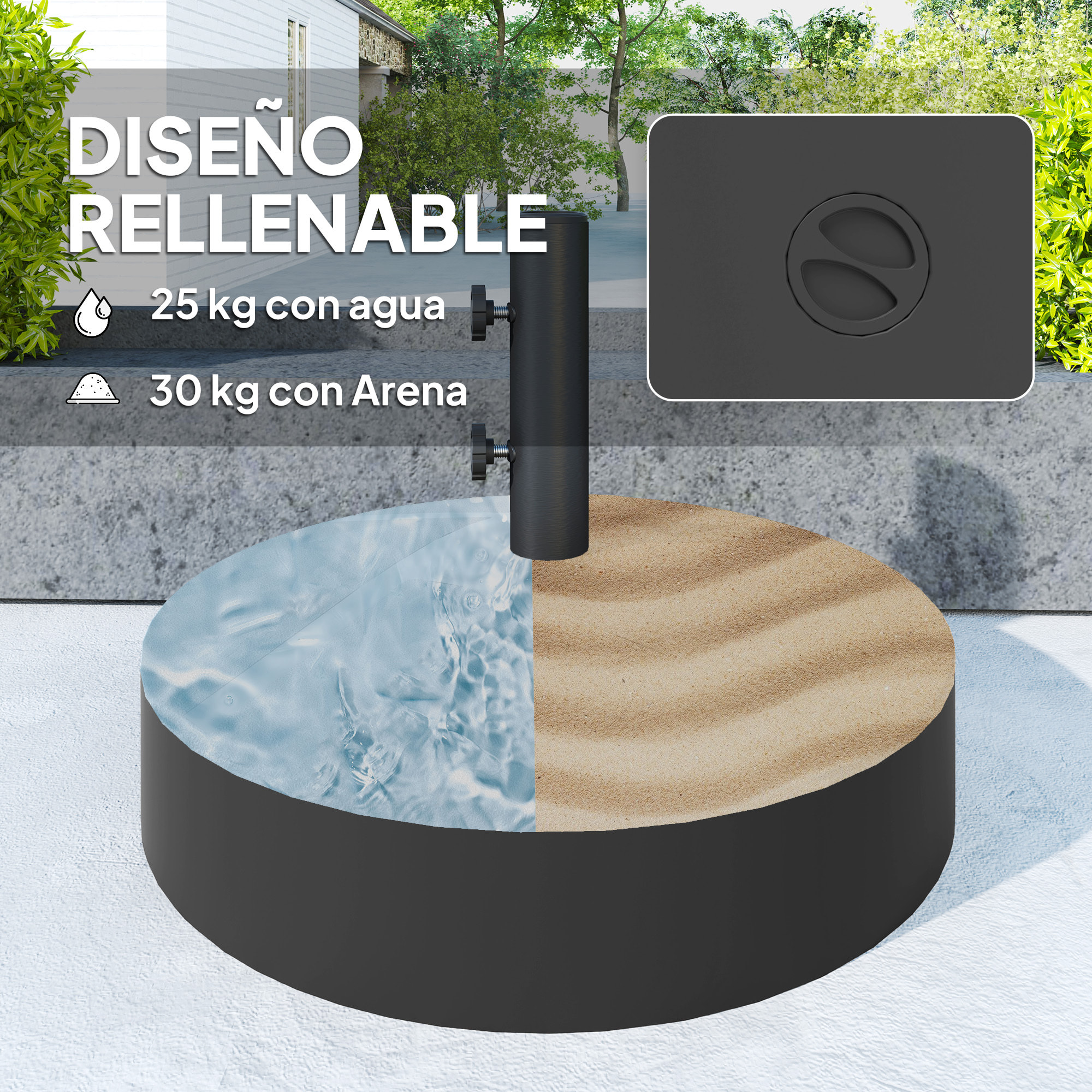 Base para Sombrilla Redonda Soporte para Parasol Pie para Sombrilla Rellenable con Agua 25L o Arena 30kg para Jardín Terraza Negro