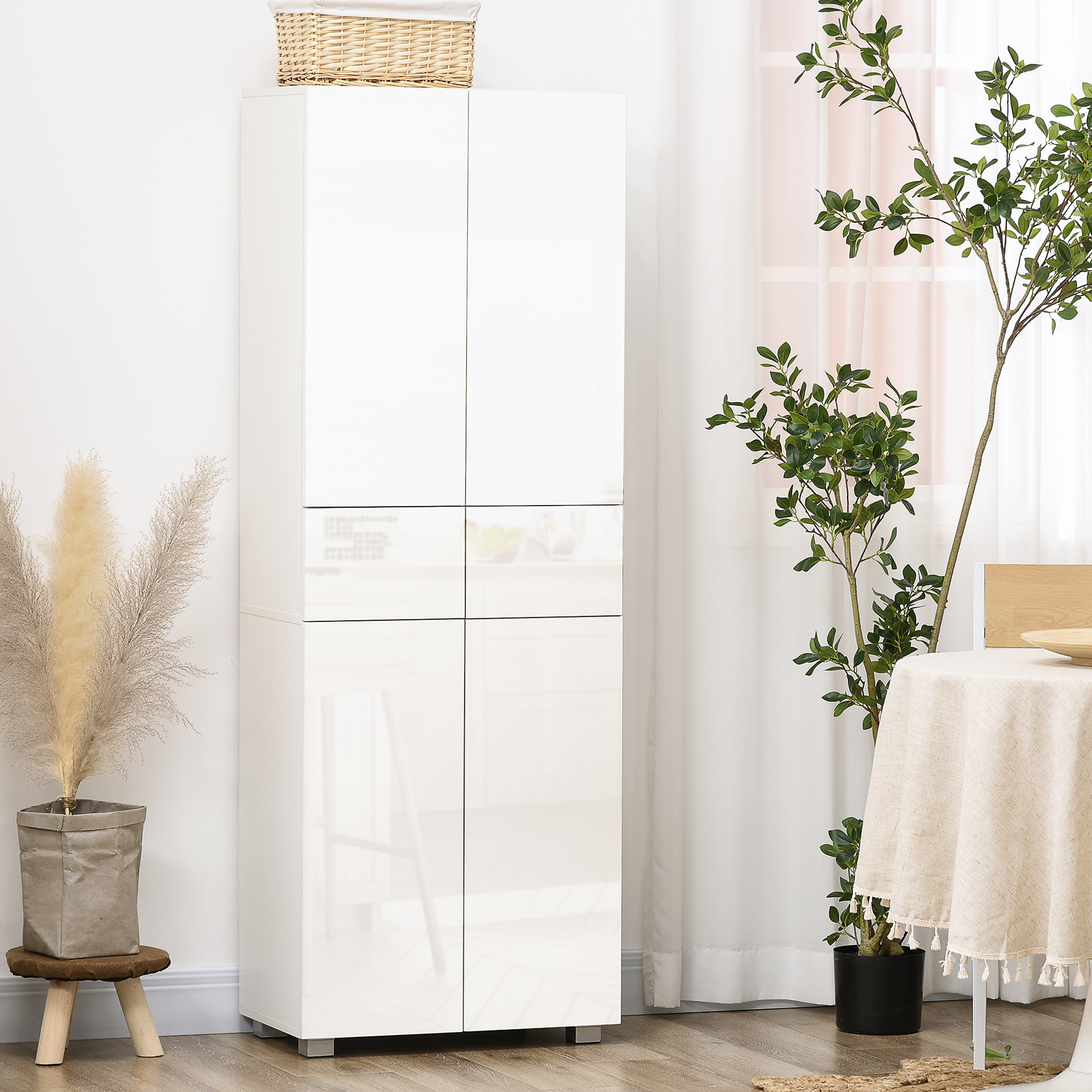 Buffet haut de cuisine blanc laqué style contemporain - 4 portes, 3 étagères réglables, 2 tiroirs