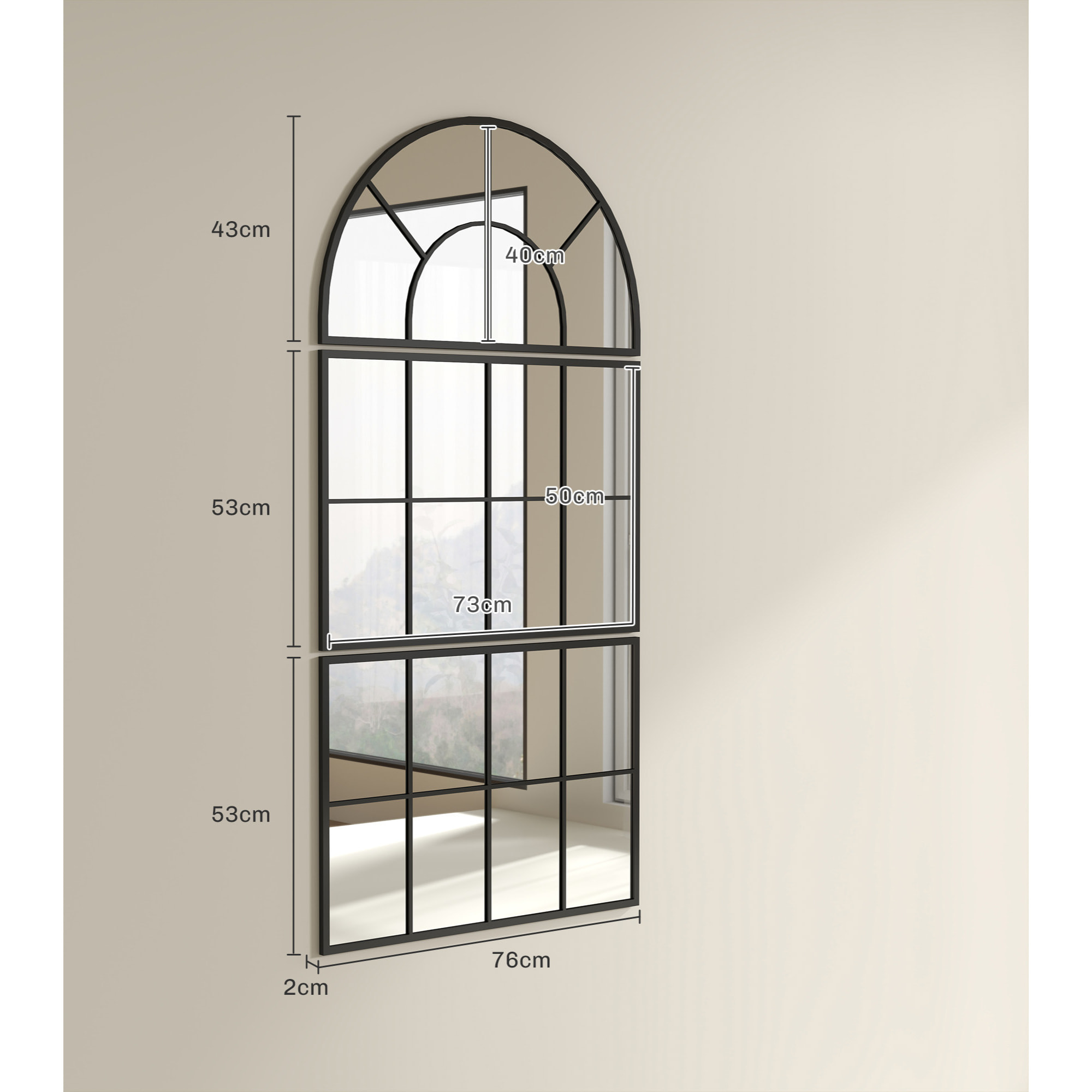 Espejo de Pared, 76x149 cm, 3 Piezas, Espejo de Recibidor con Marco de Metal en Forma de Ventana, Decoración para Salón, Dormitorio, Entrada, Negro