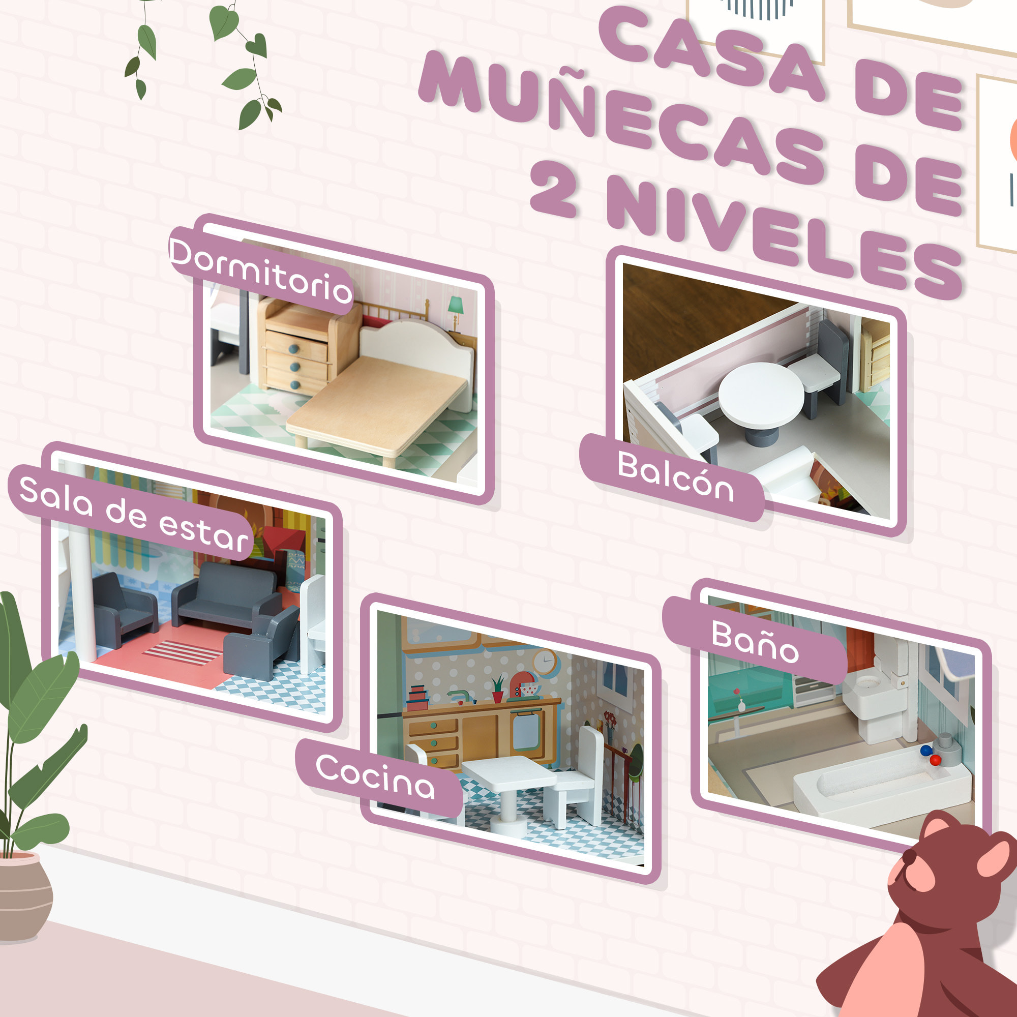 Casa de Muñecas con Muebles y Accesorios Casa de Muñecas de Madera con Balcón 2 Pisos Juguete para Niños y Niñas a Partir de 3 Años Multicolor