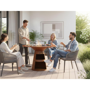 Barbecue rond avec plaque de cuisson et de gril en acier et planche en bois