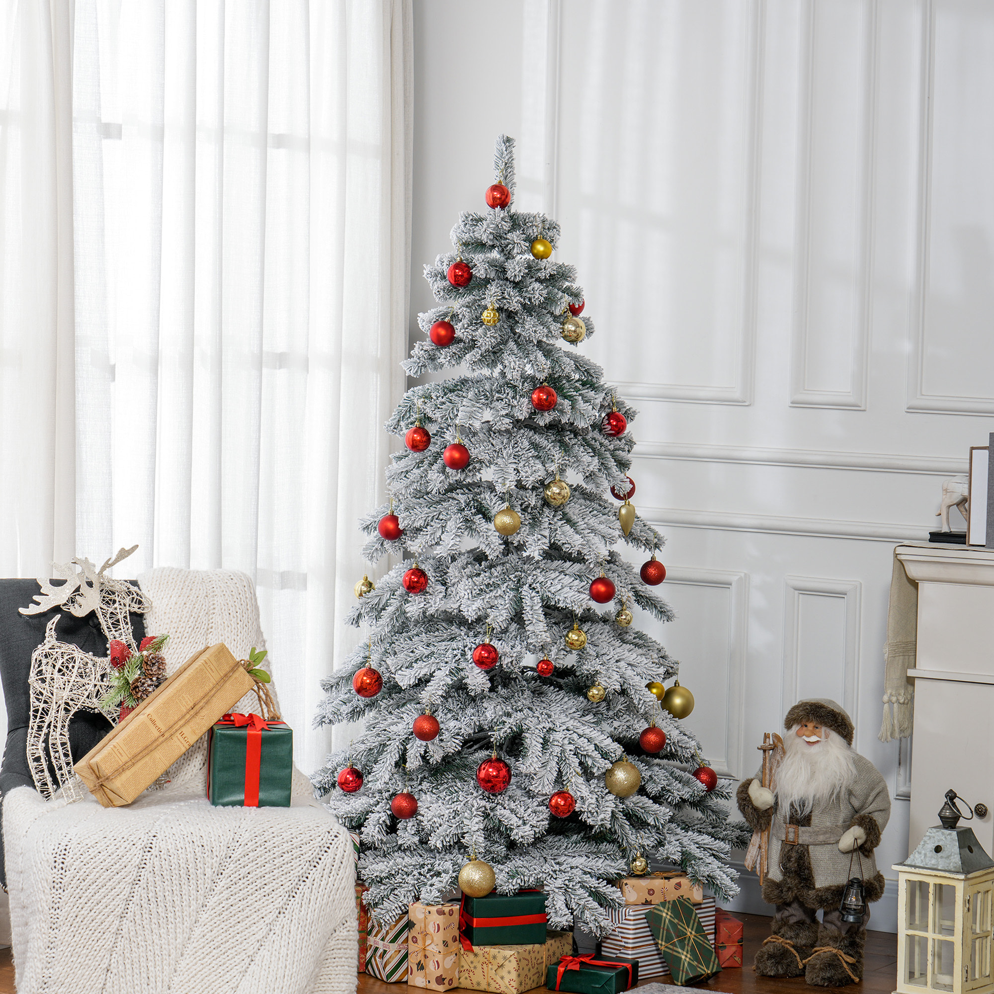 Árbol de Navidad 180 cm Árbol de Navidad Artificial Nevado con 627 Ramas y Soporte de Metal Árbol de Navideño para Salón Verde y Blanco