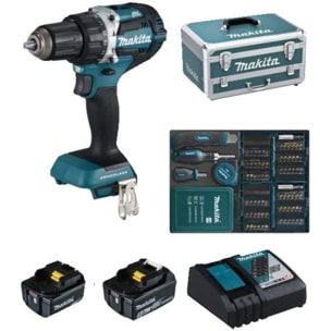 Perceuse visseuse 18V Ø13 mm - MAKITA - Avec 2 batteries LXT® 18V 5Ah + chargeur rapide + Coffret alu avec tiroir 96 accessoires - DDF484RTX6