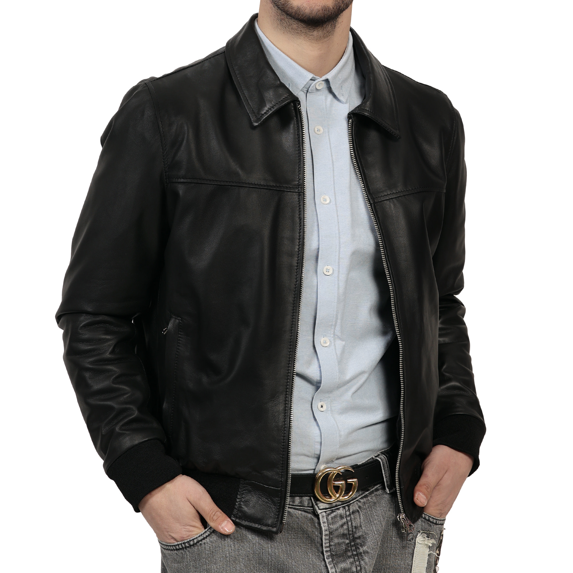 Giubbino in vera pelle di vitello Nero-Slim Fit