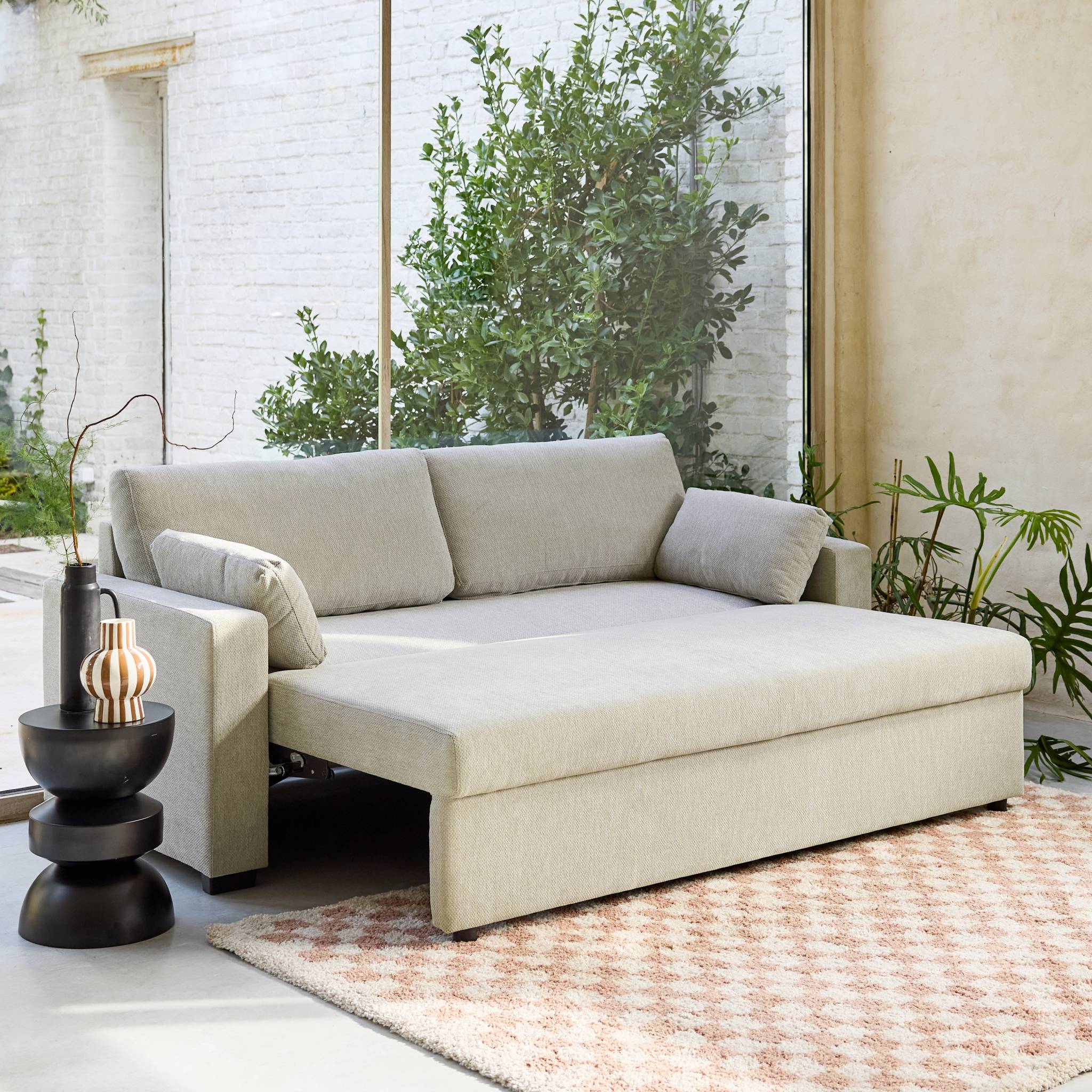 Canapé convertible 3 places tissu chenille beige L 211 x P 90 x H 86 cm - Easy