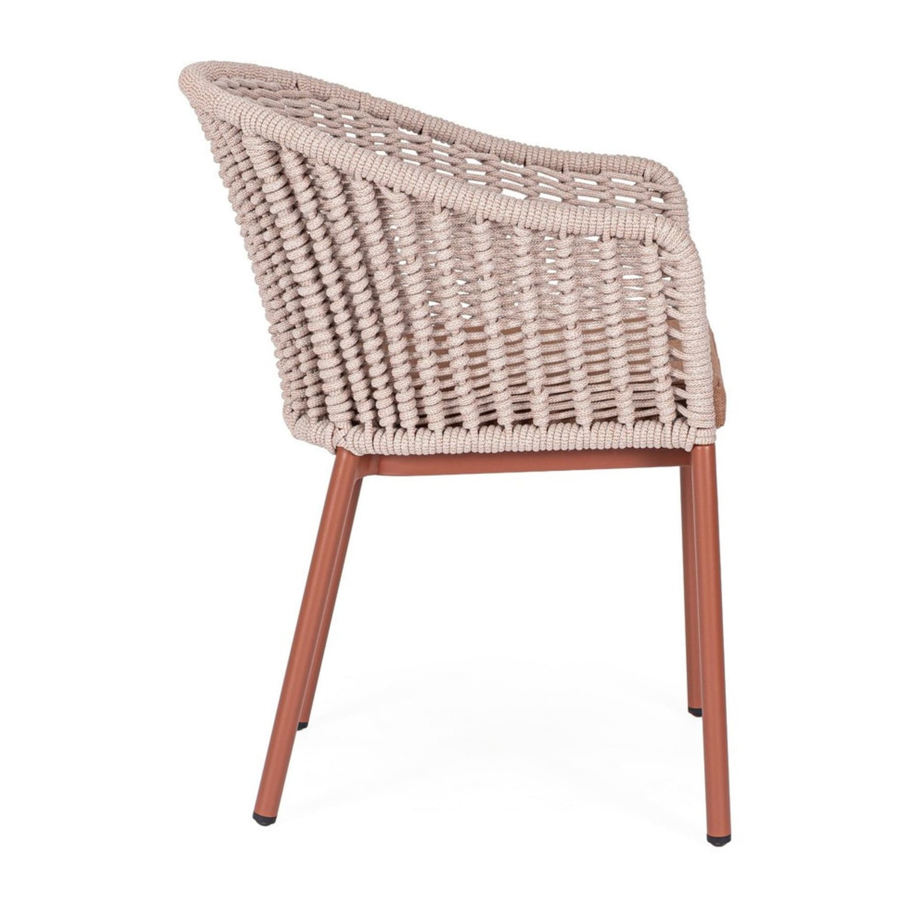 Set di 4 sedie con braccioli ORIO in corda tortora e alluminio rosso rame, impilabili
