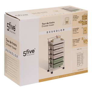 Tour rangement 5 tiroirs Deskolor avec roues beige et vert
