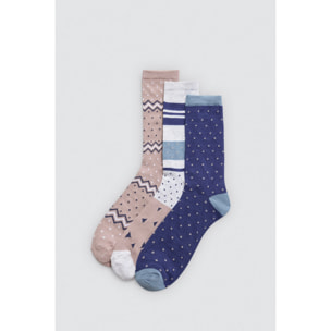 Confezione da 3 calzini fantasia beige e blu