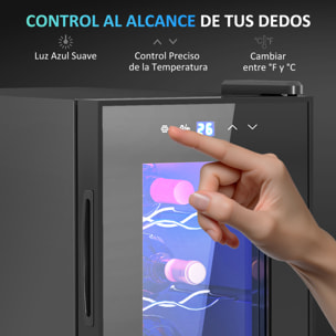 Nevera Vinos 6 Botellas 17L Vinoteca Silenciosa con Luz LED Interior Pantalla LED Táctil Temperatura Regulable 8-18 ℃ Puerta de Vidrio Templado Anti-UV y 2 Estantes Ajustables Negro