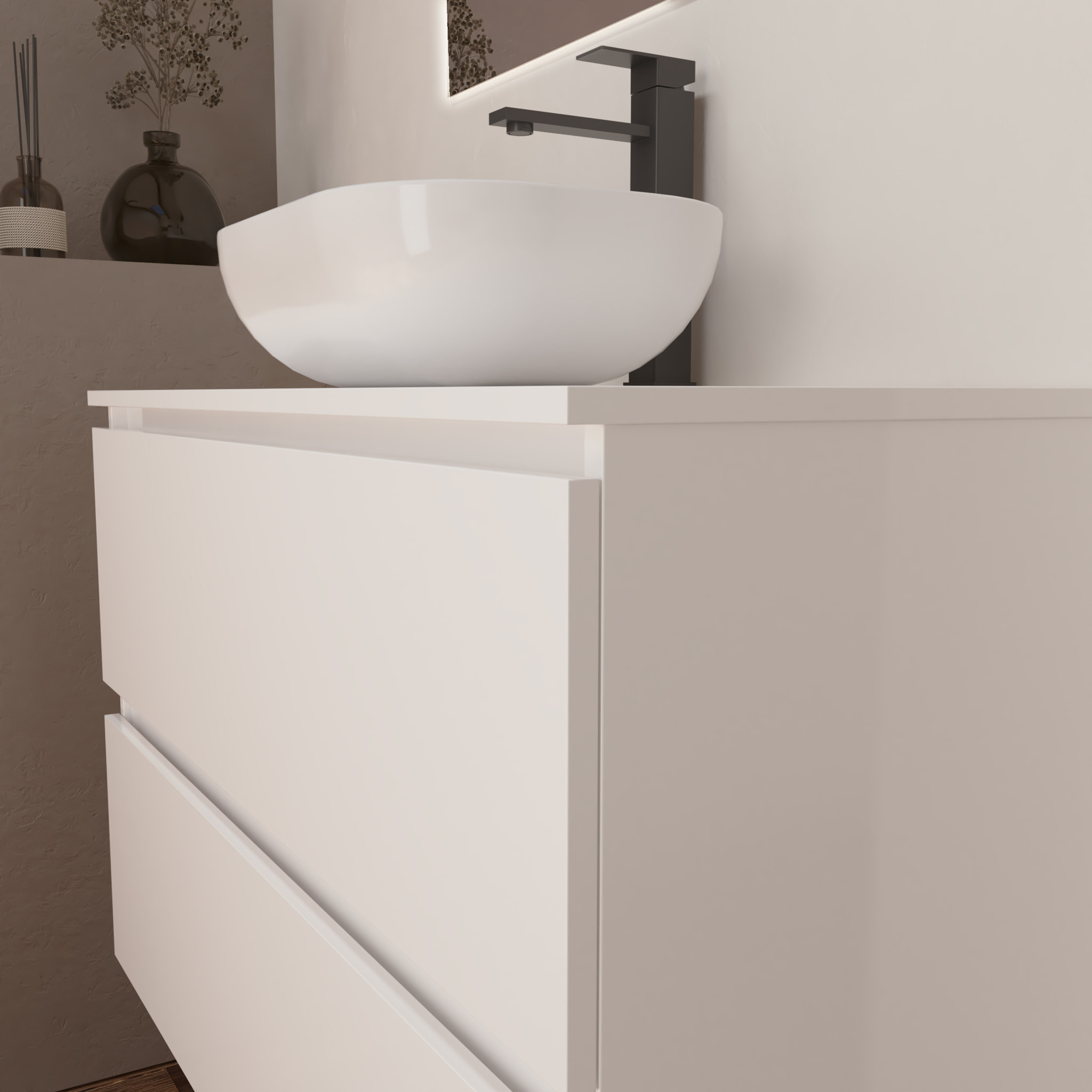 Conjunto de Baño Kaji | Mueble de Baño Suspendido | 80 cm Blanco| Dos Cajones | Lavabo Ovalado sobre Encimera | No incluye Espejo | Alday