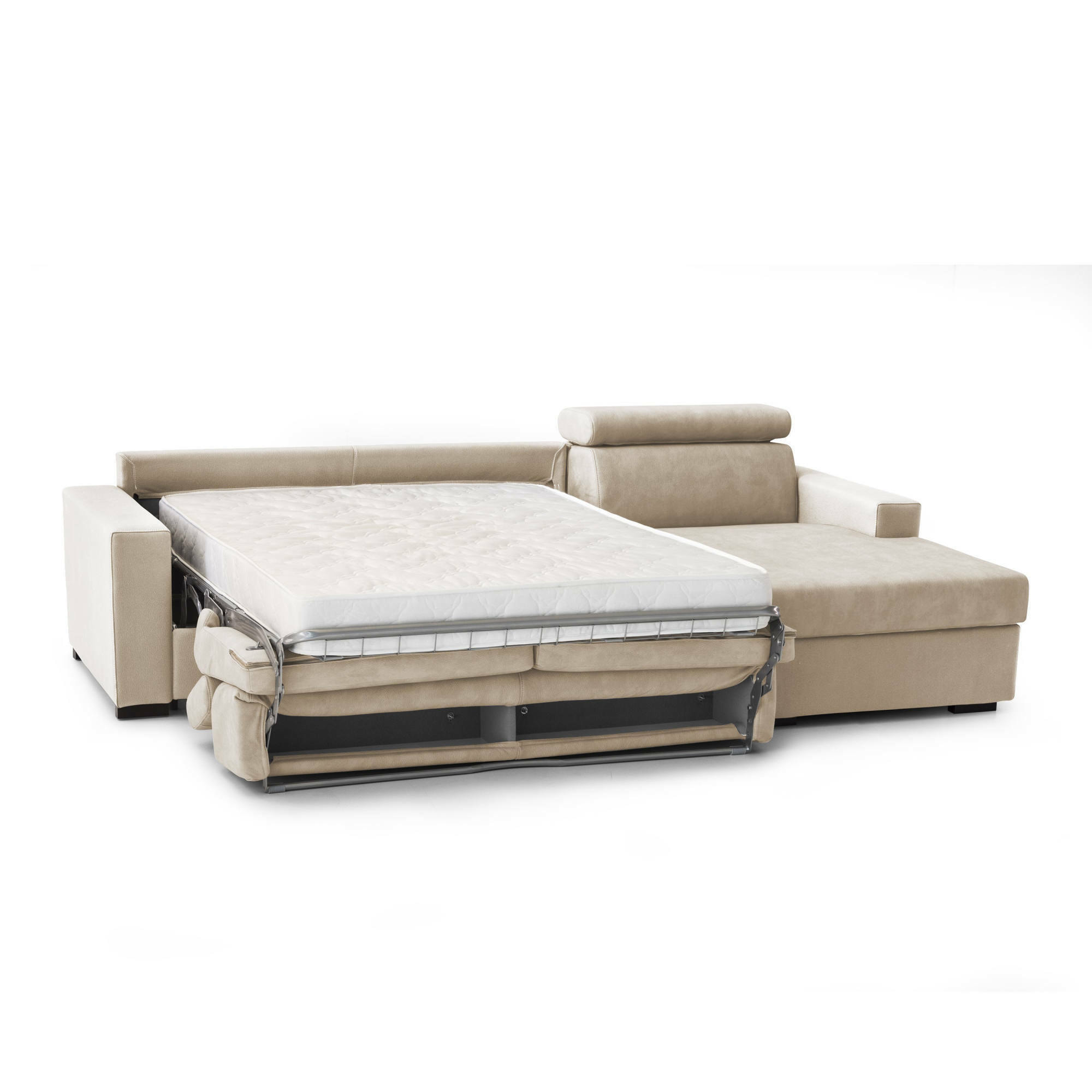 Divano Letto Alceste, Divano ad angolo, 100% Made in Italy, Sofà con apertura girevole, con Penisola contenitore Destra, con Braccioli slim, Cm 260x95h85, Beige