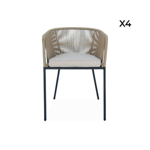 Lot de 4 fauteuils de jardin en corde beige et acier galvanisé. coussin beige