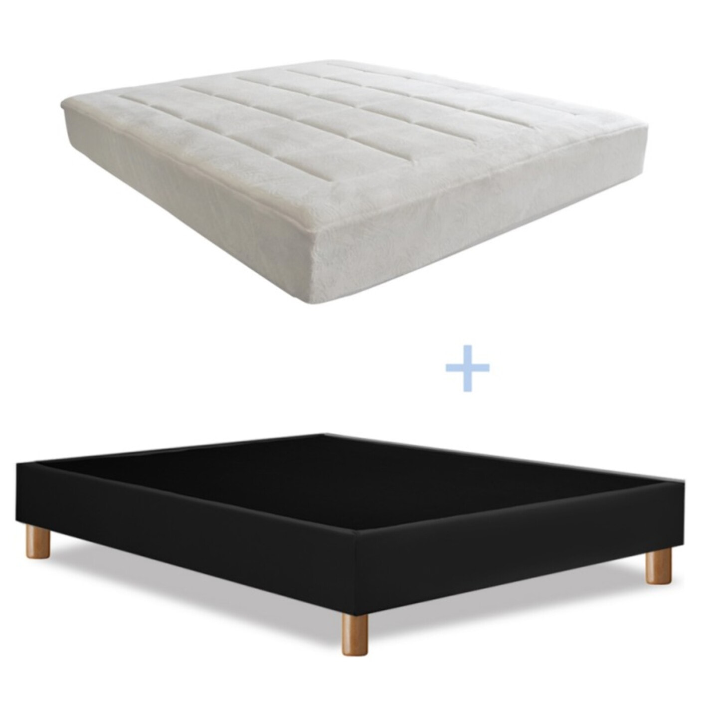 Ensemble Matelas Pure & Sommier Déco | Gel, mémoire de forme et mousse HD | Cadre à lattes | Simili cuir | Noir