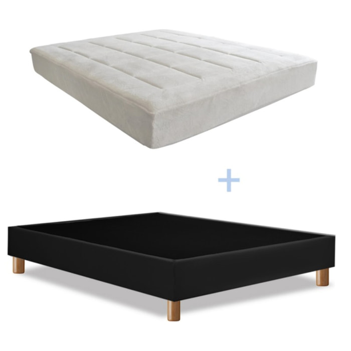 Ensemble Matelas Pure & Sommier Déco | Gel, mémoire de forme et mousse HD | Cadre à lattes | Simili cuir | Noir
