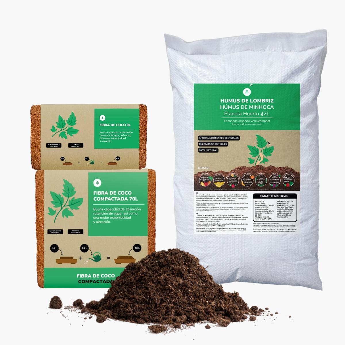 Planeta HUERTO | Pack Sustrato Premium para Mesas de Cultivo de 85 a 120 litros - Fibra de Coco y Humus de Lombriz para Crecimiento Óptimo