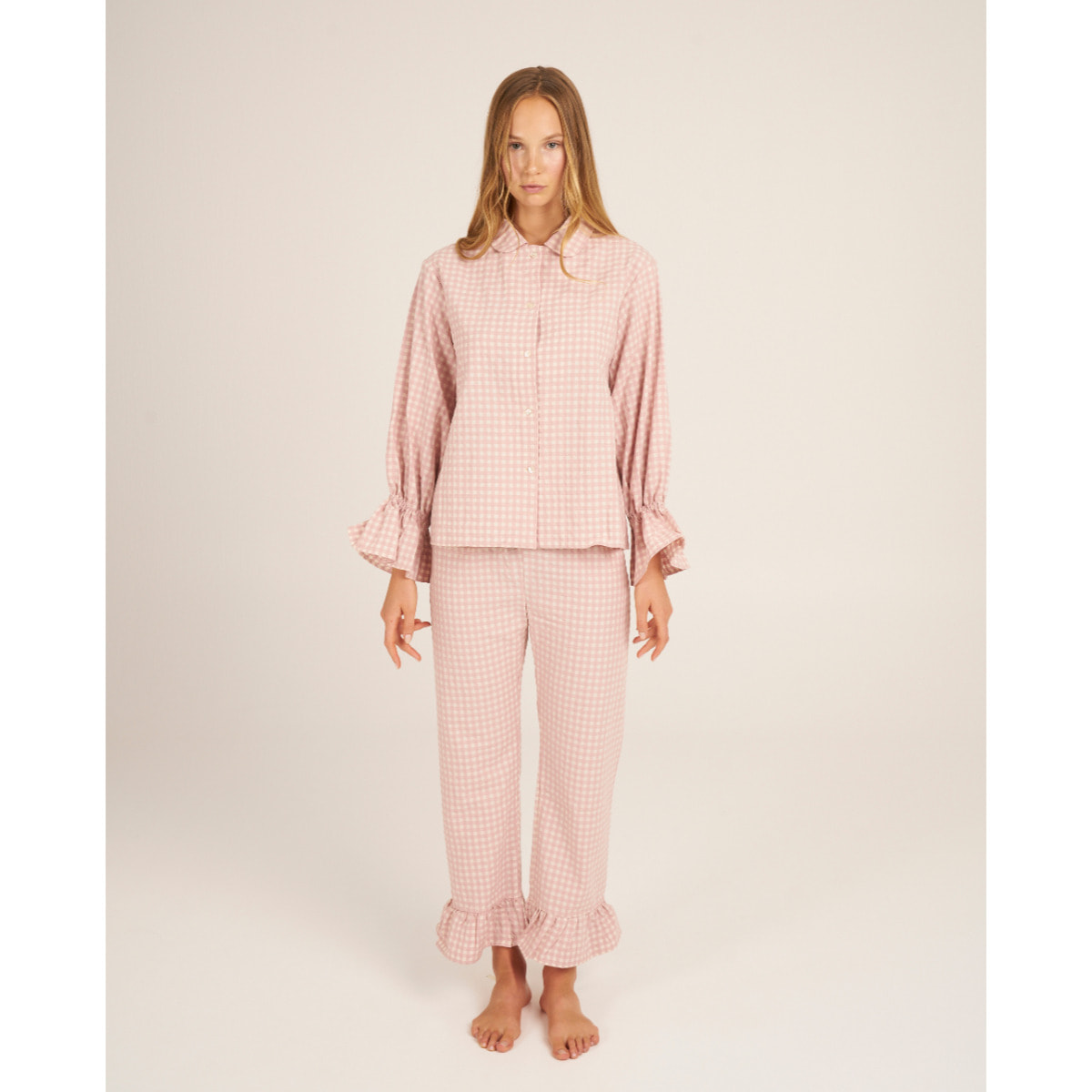 Camiseta de pijama de mujer abotonada de cuadros vichy