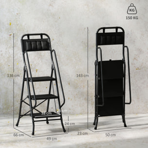 Escalera Plegable de 3 Peldaños con Bolsa de Herramientas, Escalera de Tijera, Carga 150 kg, con Peldaños Anchos Antideslizantes, Bloqueo de Seguridad, Apoyabrazos, Negro
