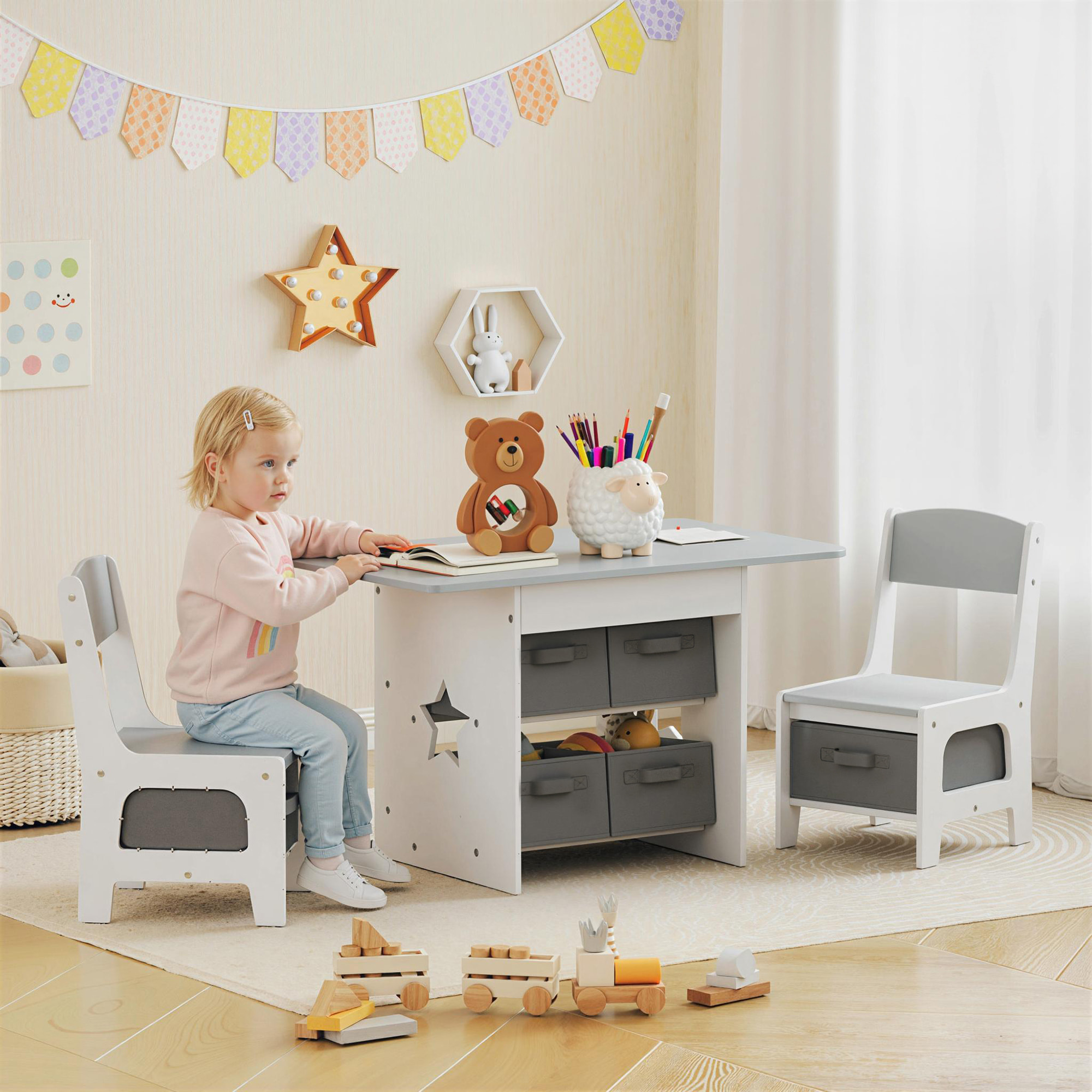 Mesa Infantil con 2 Sillas, Mesa y Sillas Infantil con 6 Cajones de Tela, Diseño Estrellas, para Niños y Niñas de 3-8 Años, para Hogar, Guardería, Aulas, Gris Claro
