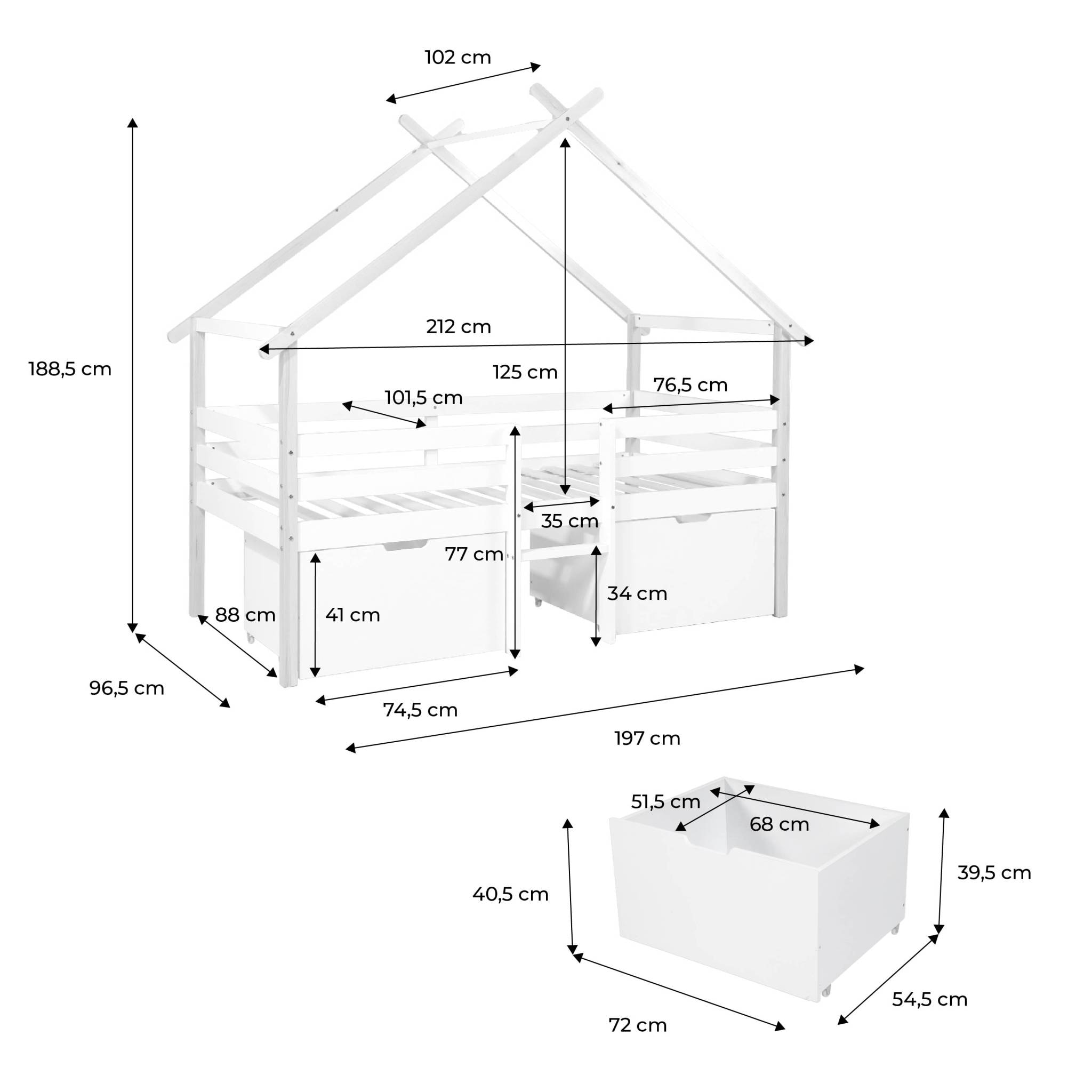 Lit cabane enfant 90 x 190 cm bois de pin sommier à lattes inclus et 2 tiroirs SIENNA