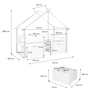 Lit cabane enfant 90 x 190 cm bois de pin sommier à lattes inclus et 2 tiroirs SIENNA