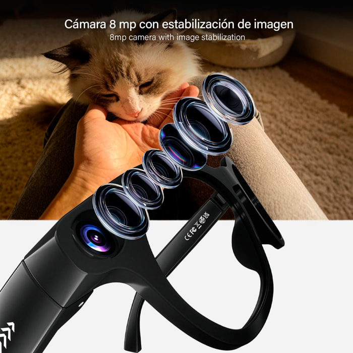 Gafas inteligentes CY03. Con cámara para fotos y videos de 8 MPX, traductor AI en tiempo real y transmisión de video en vivo. Lentes oscuras y transparentes.