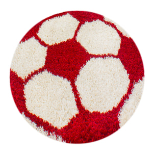 FUN - Tapis enfant shaggy rond à poils long motif ballon de foot rouge