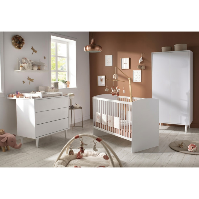 Chambre bébé 3 pièces Milann, Lit bébé 120x60, Commode à langer et armoire 2 portes